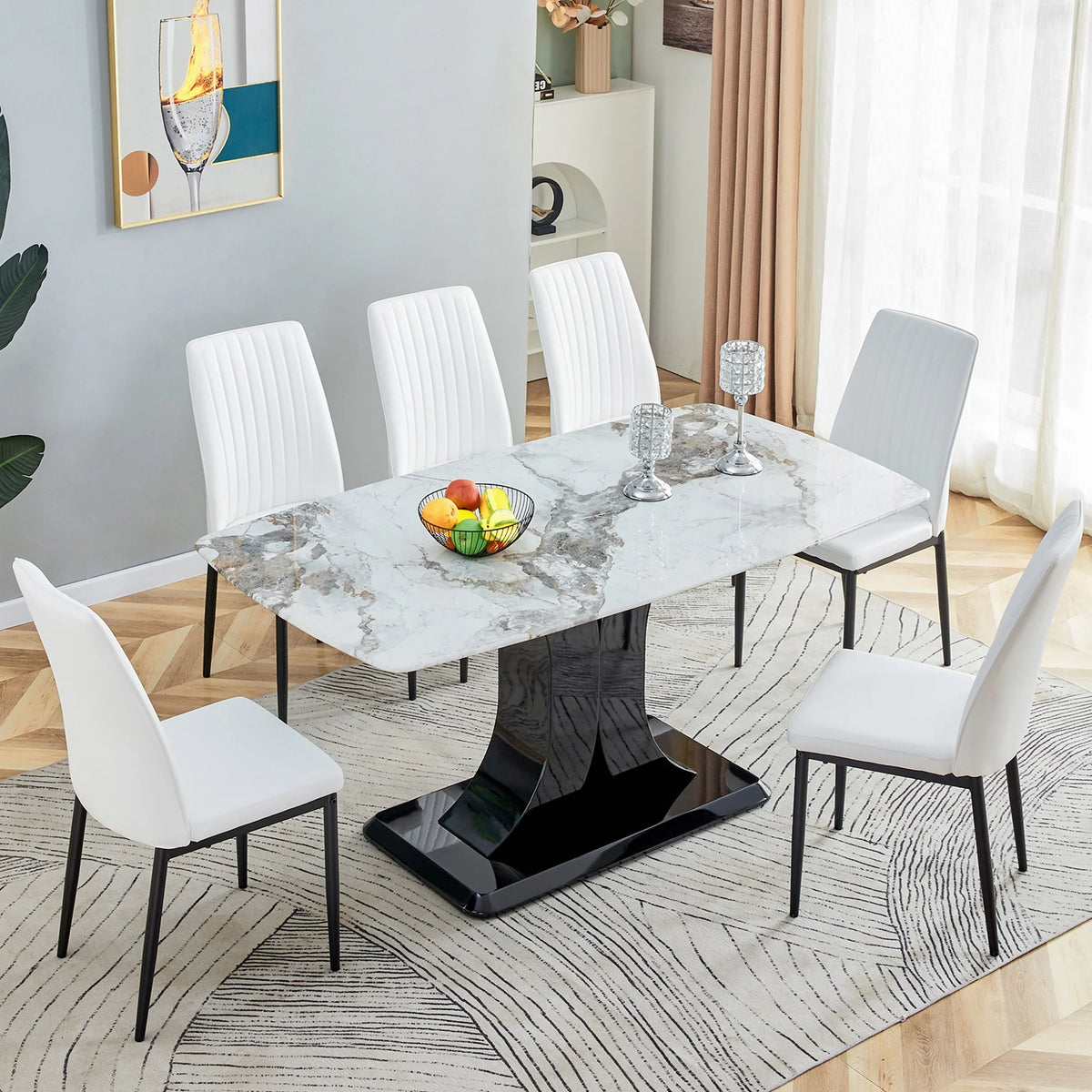 7 Piece Dining Table Set with 6 White Chairs Q37122