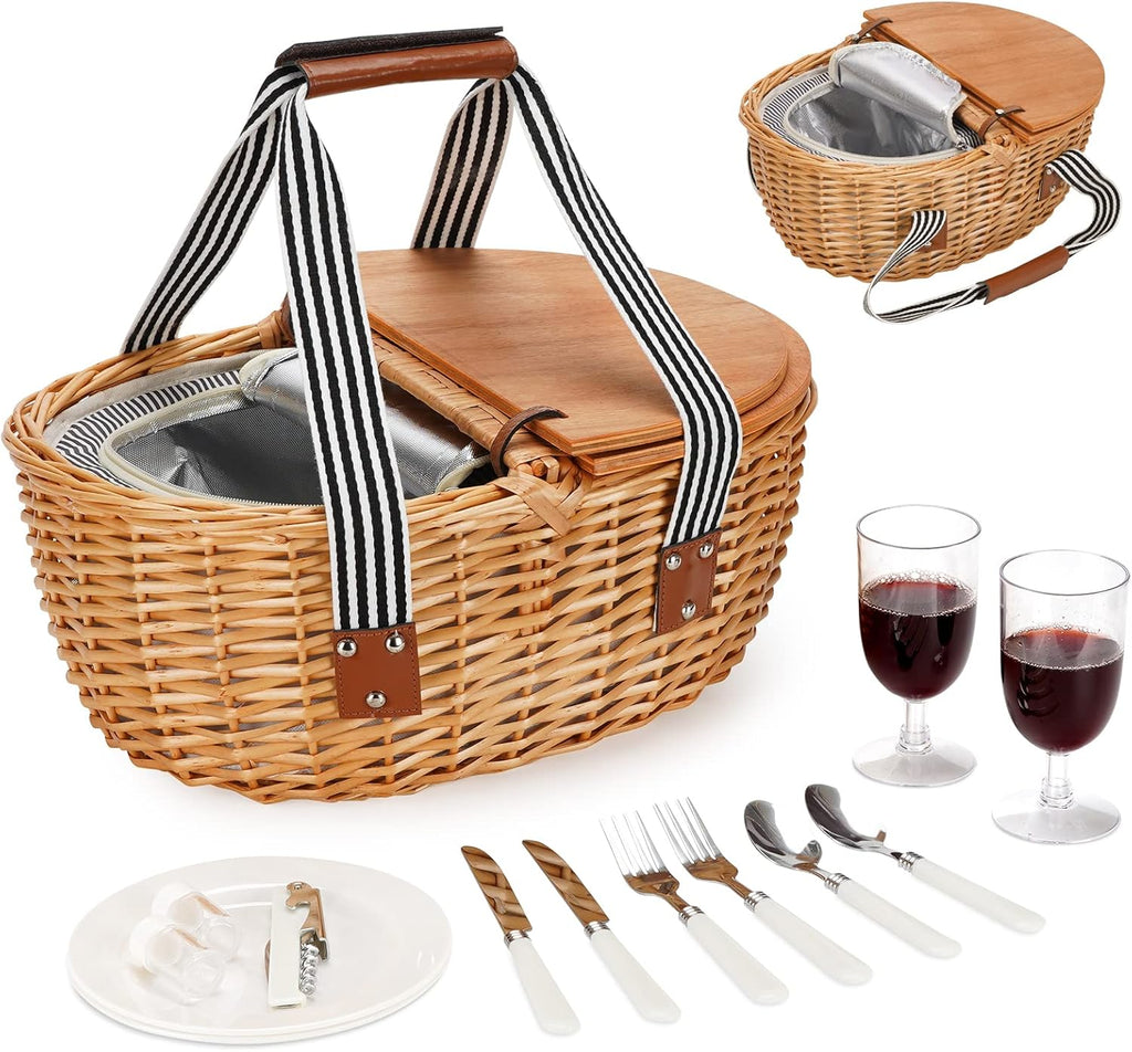 Wicker Picnic Basket with Wooden Lids & Folding Handles W572143