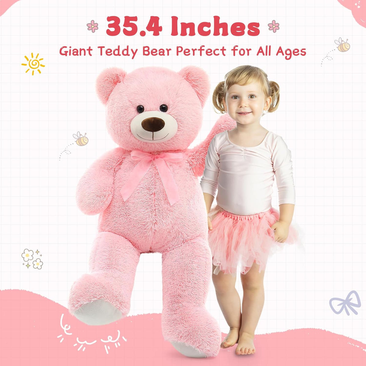 35.4'' Large Pink White Teddy Bear Plush Toy V4019