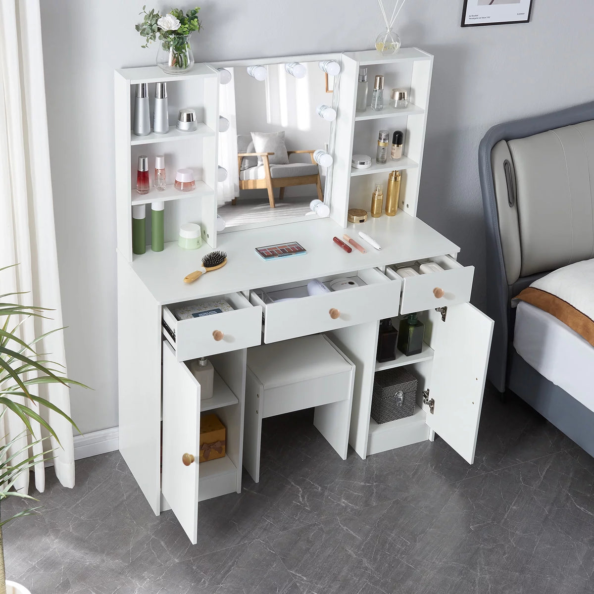 White Vanity Set with Lighted Mirror and Stool J2301