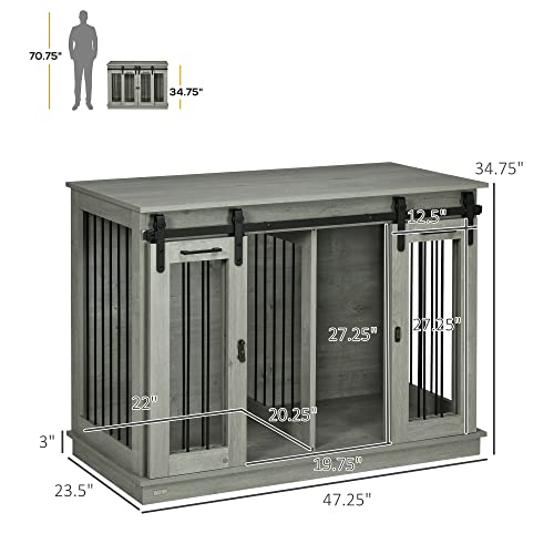 Large Dog Crate Furniture with Divider, Double Doors, 47" W x 23.5" D x 35" H, Oak Q350287