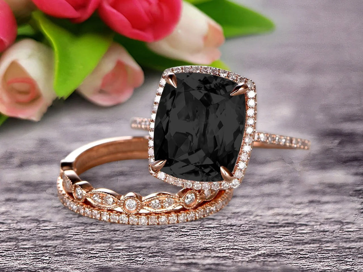 3 Carat Cushion Cut Black Diamond Moissanite Trio Set Ring On 10k Rose Gold N4580