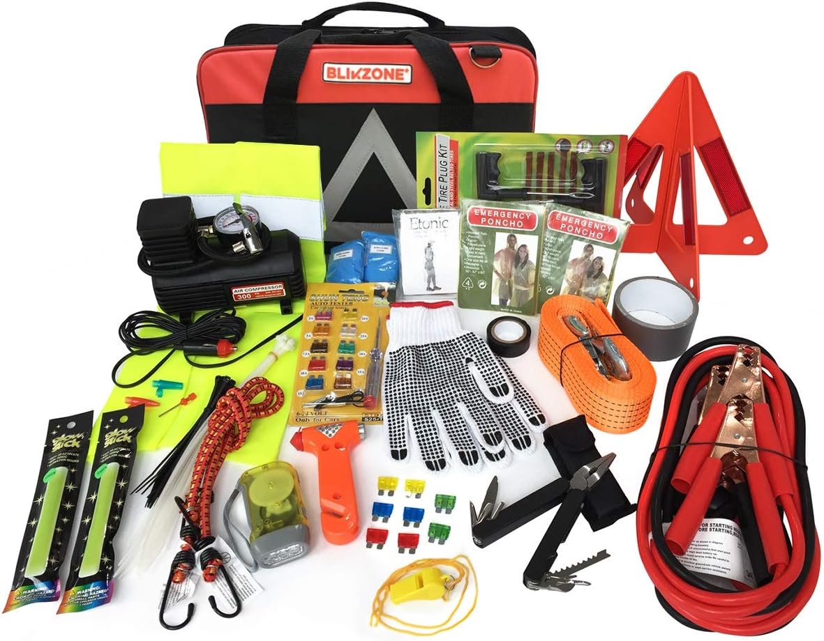 82 Pc Auto Roadside Emergency Car Kit with Tire Repair Kit, Jumper Cables, Portable Air Compressor, Tow Strap, Emergency Triangle T709