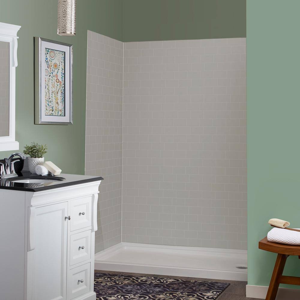 5-Piece Shower Kit in Grey Mosaic with Left Drain Base in White F7004