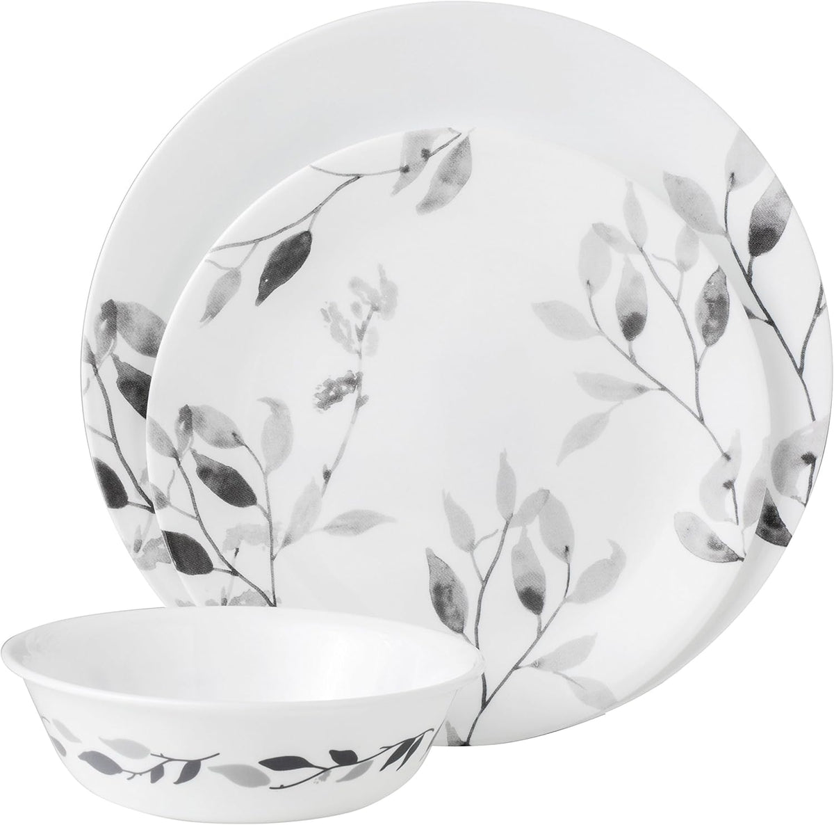 12-Piece Vitrelle Misty Leaves Chip and Break Resistant Dinner Set, Grey D3741