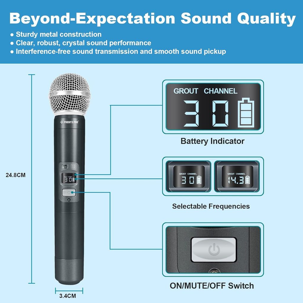 Wireless Microphone System, Dual Channel Cordless Mic Set with 2 Handhelds E1878