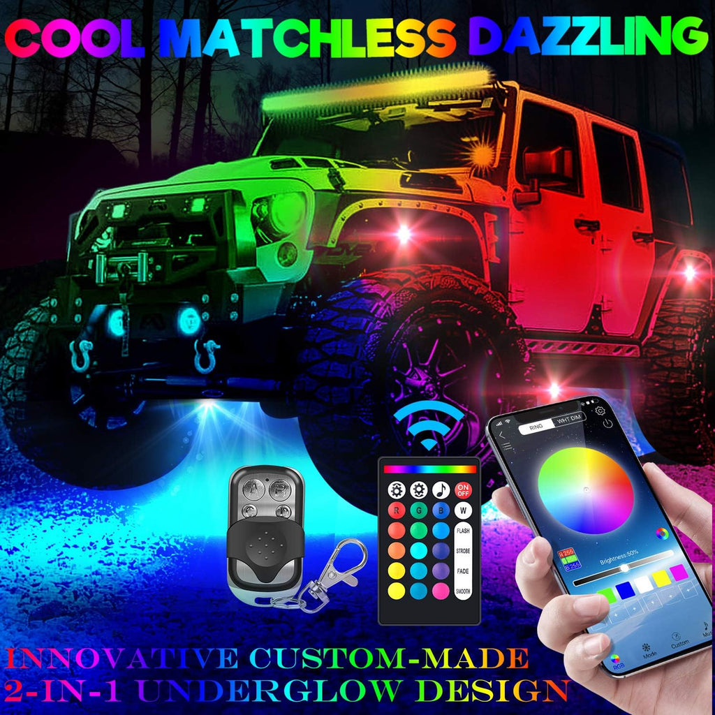 10-pods Trucks LED RGB Neon Underglow Rock Lights Kit, Dual-Zone, 160LEDs, 2-in-1 Line, Waterproof 12V, Pack of 2 J7665
