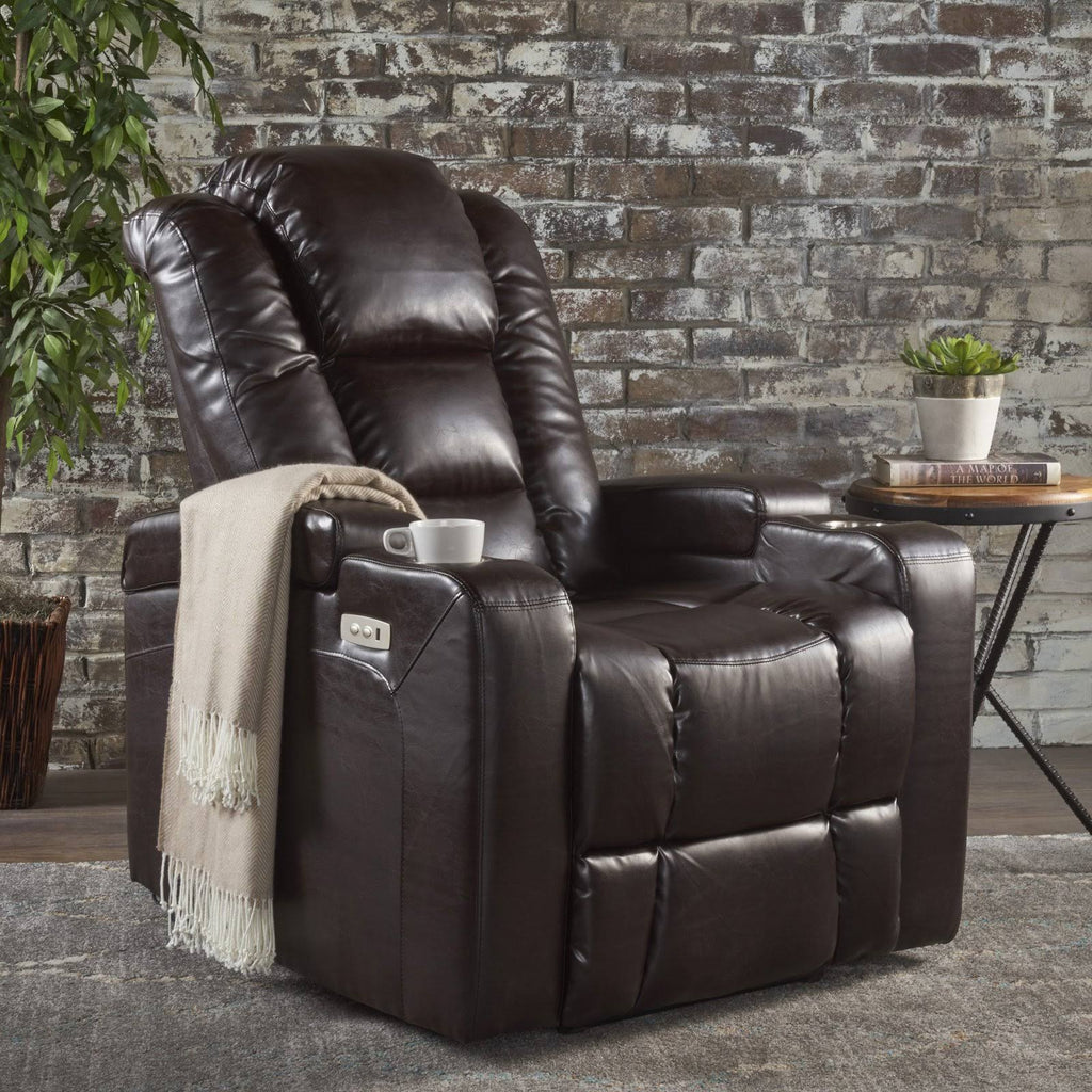 Brown Leather Power Recliner with Arm Storage and USB U2862