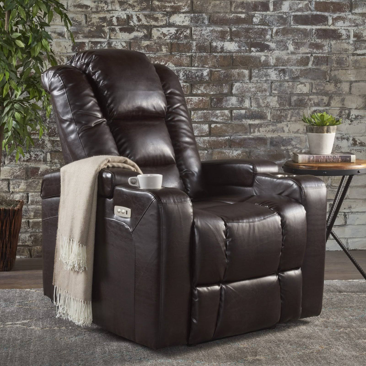 Brown Leather Power Recliner with Arm Storage and USB U2862