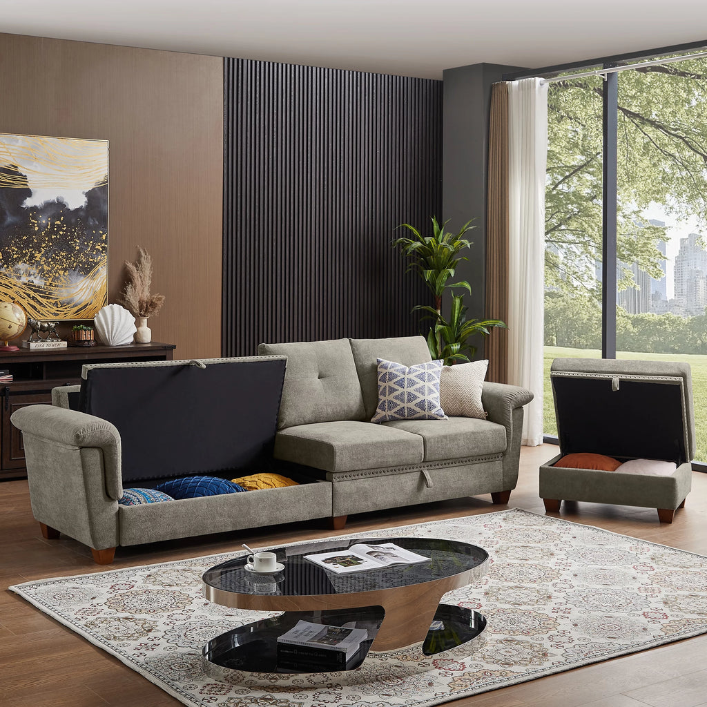 Light Gray L-Shaped Sectional Sofa with Ottoman I7295