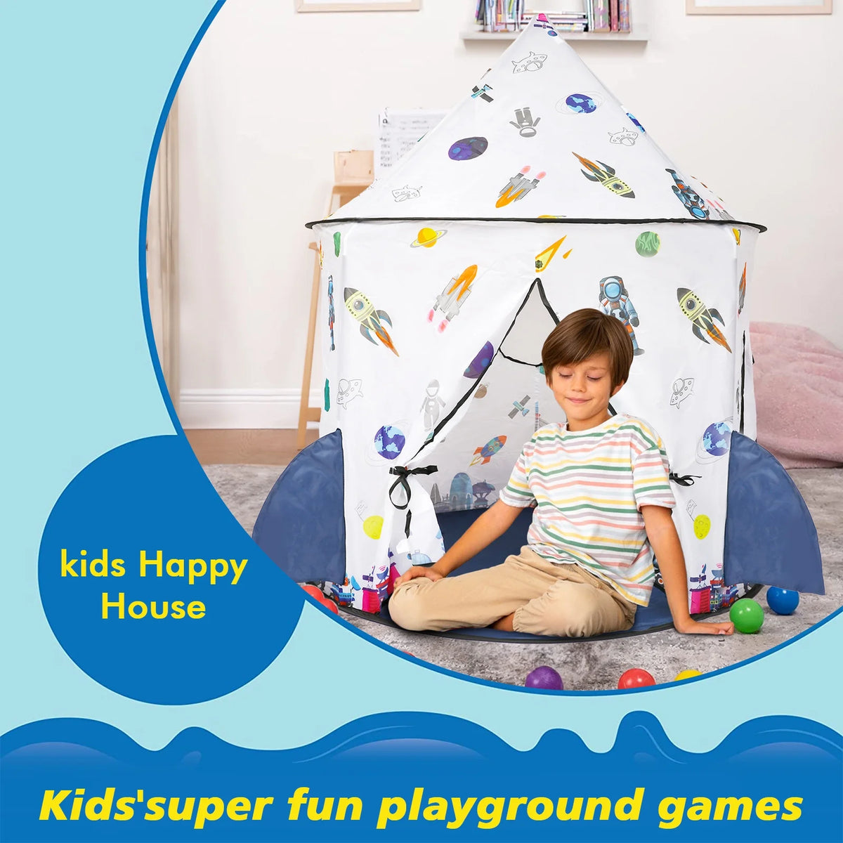 Kids Tent Rocket Ship Toy Foldable Space Themed Indoor Outdoor Large Play Tent H549675