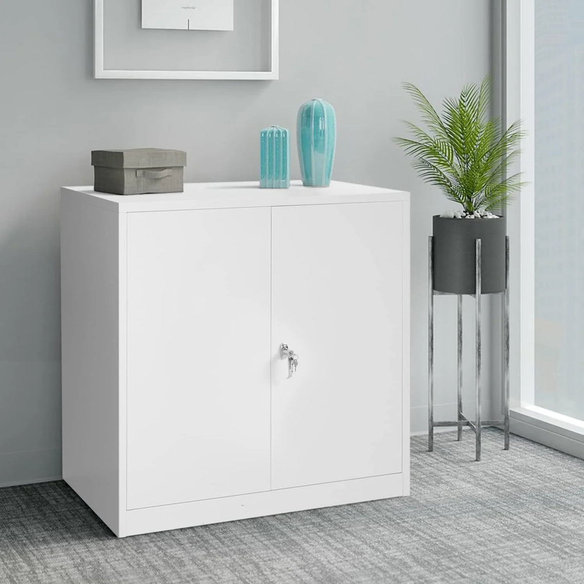 42 In White Metal Storage Cabinet with Locking Doors and 2 Adjustable Shelves X652669