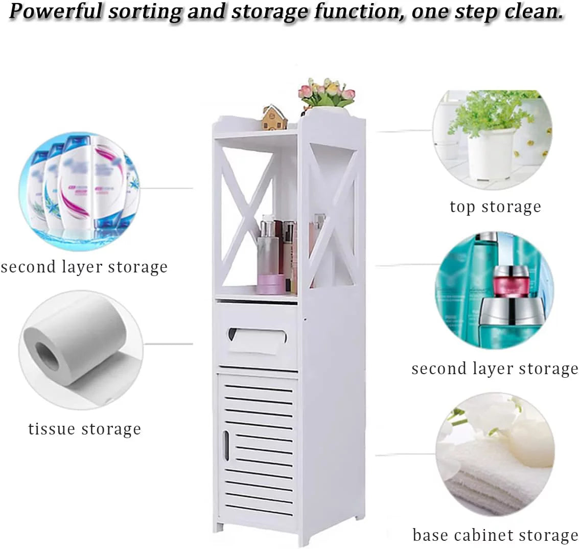 White 4 Tier Bathroom Storage Cabinet with 1 Door and 3 Shelves P7498