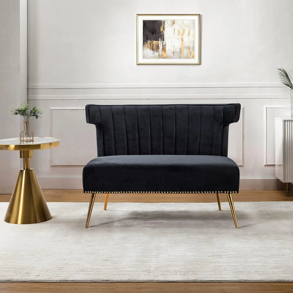 Velvet Upholstered Armless Loveseat Sofa with Golden Metal Legs C163
