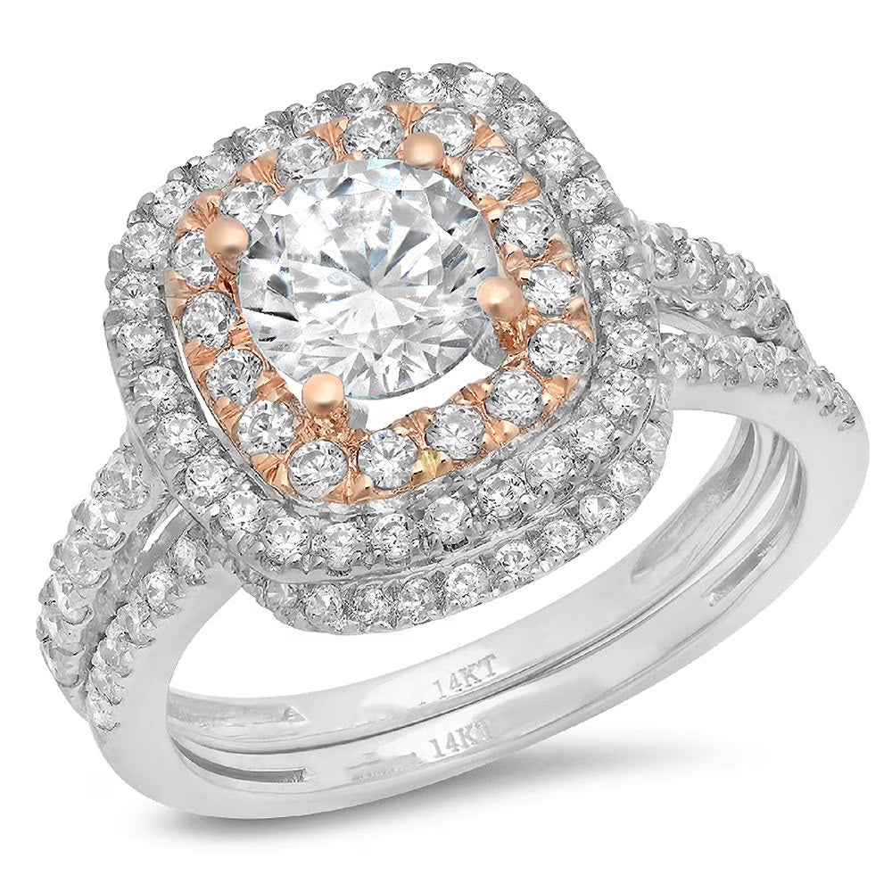 14K White Rose Gold Halo Engagement Ring Set V3772