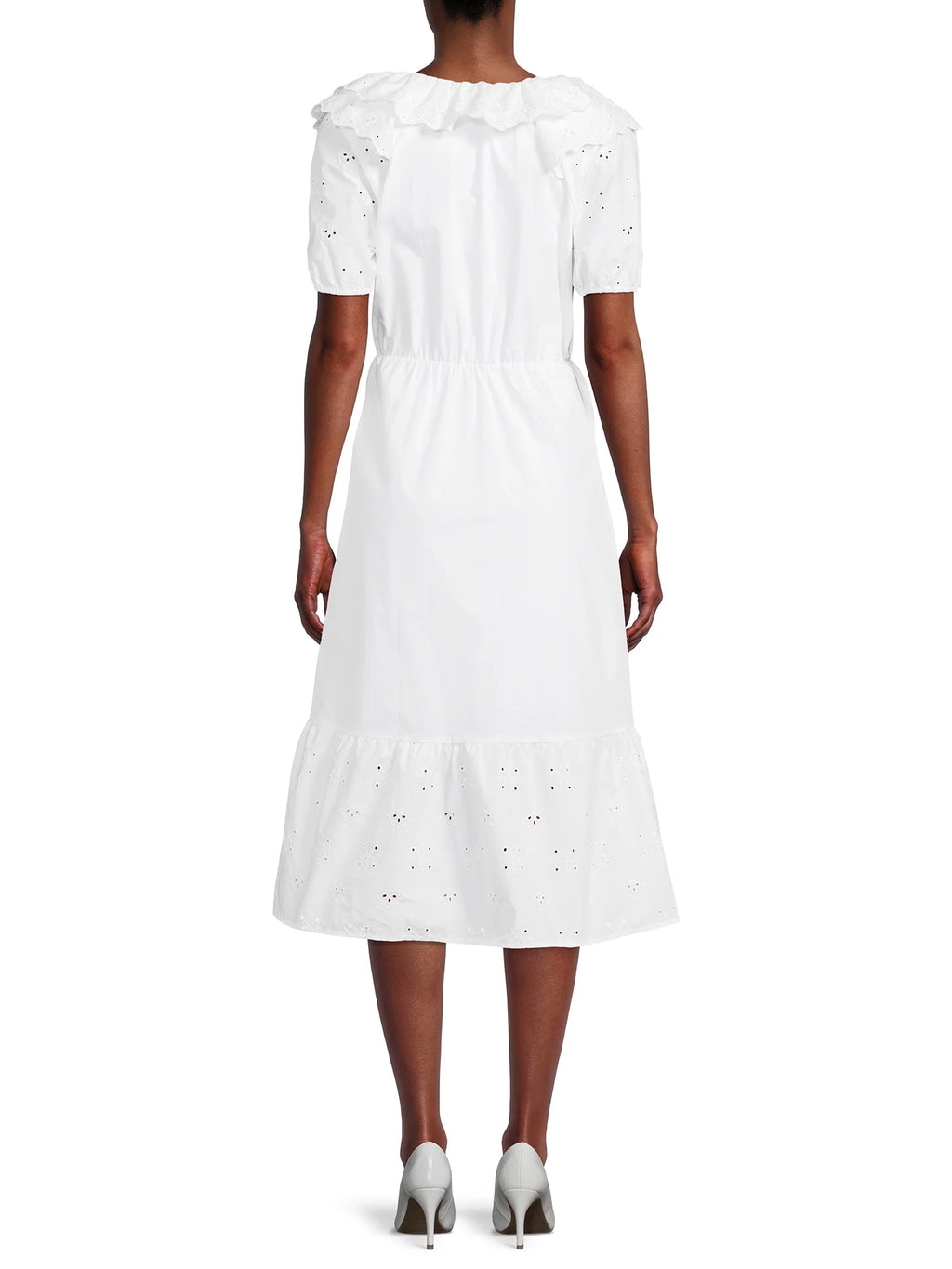 Women's Eyelet Ruffle Midi Dress with Short Sleeves T1739