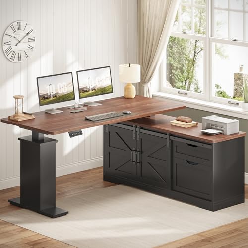 Black L Shaped Standing Desk with Storage Drawers and Power Outlets G8050