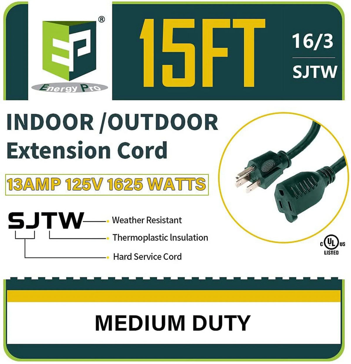 15 Ft Green 16/3 SJTW Extension Cord K5070