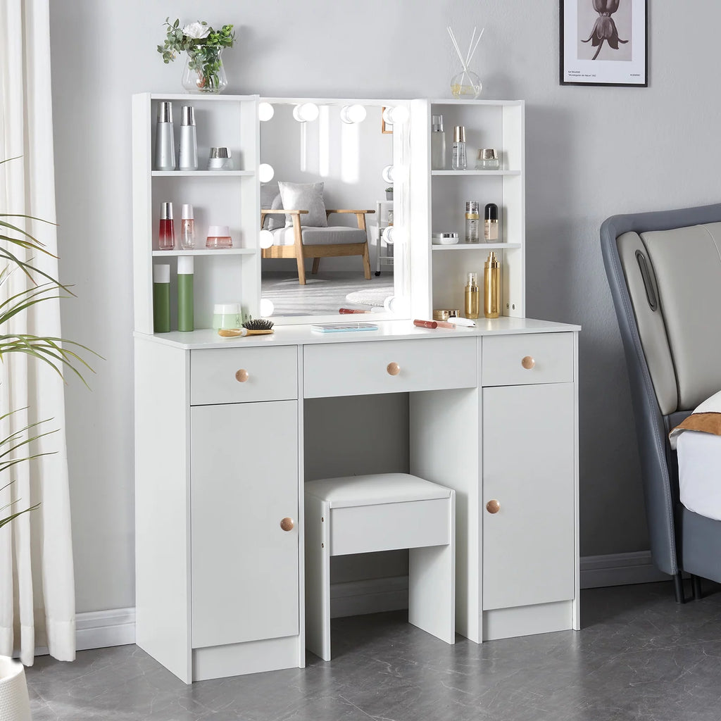 White Vanity Set with Lighted Mirror and Stool J2301