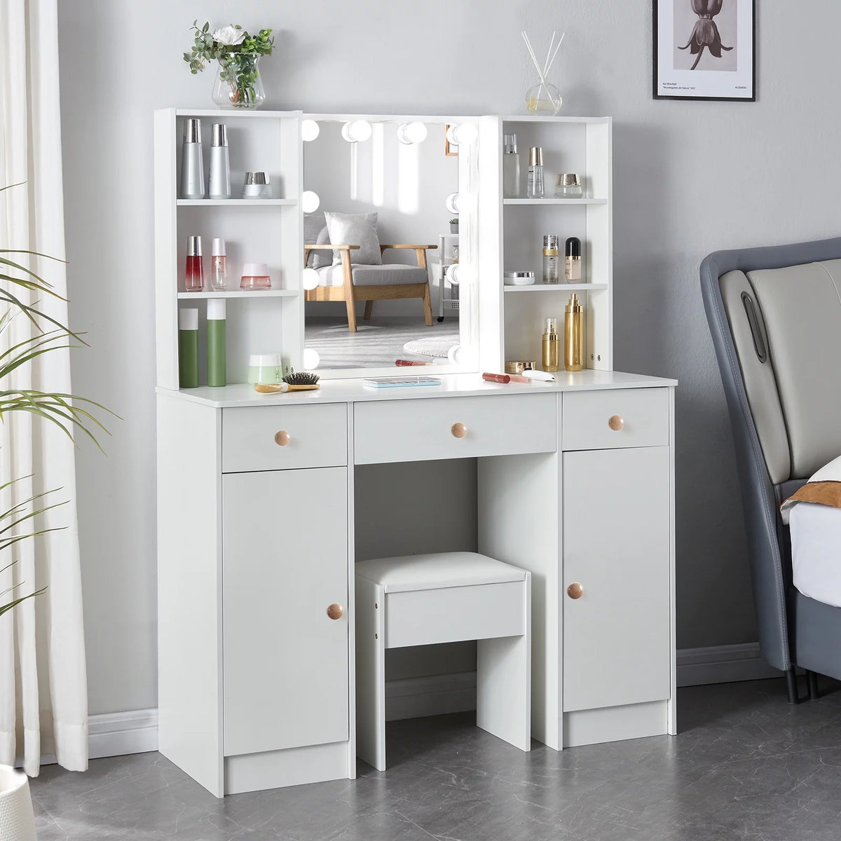White Vanity Set with Lighted Mirror and Stool J2301