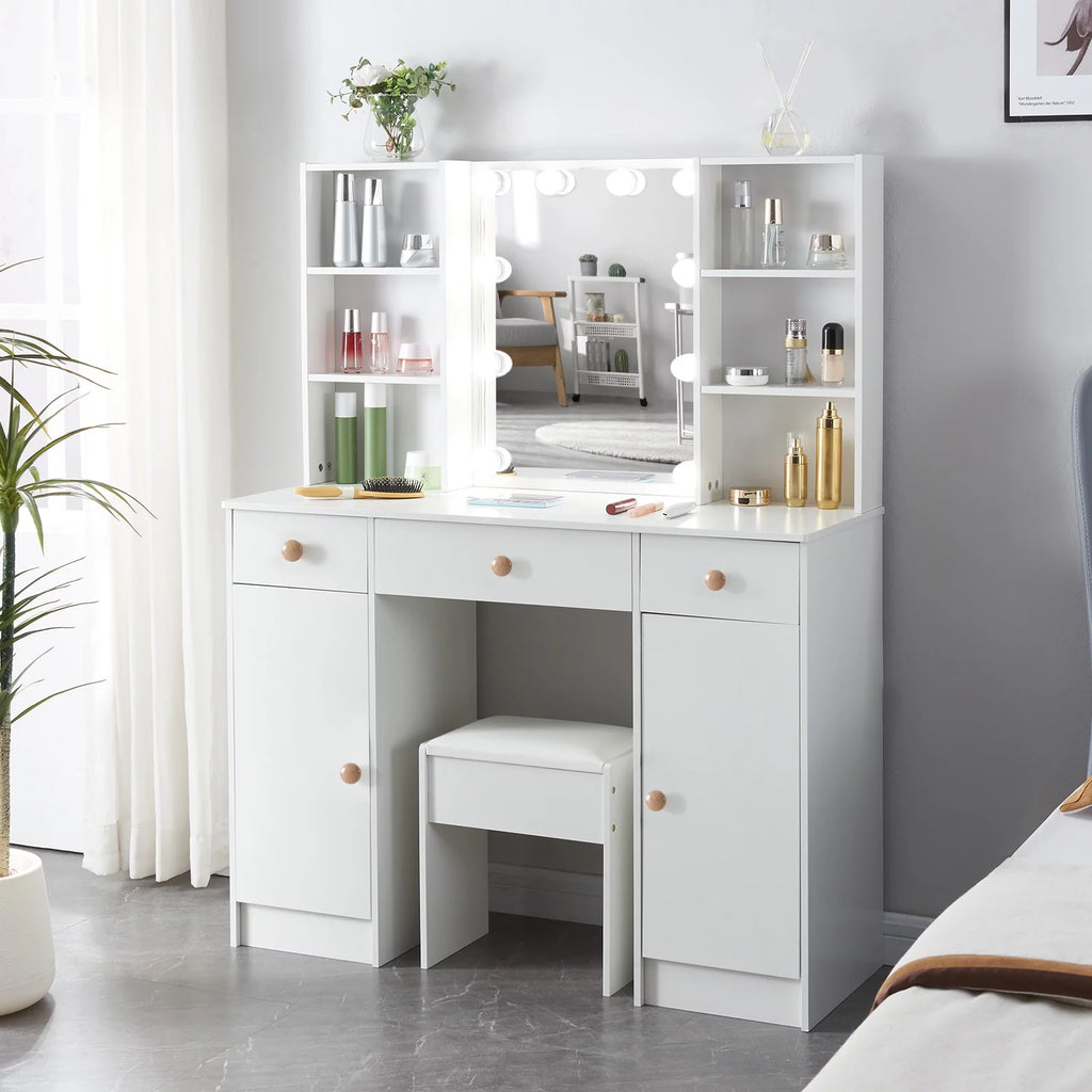 White Vanity Set with Lighted Mirror and Stool J2301