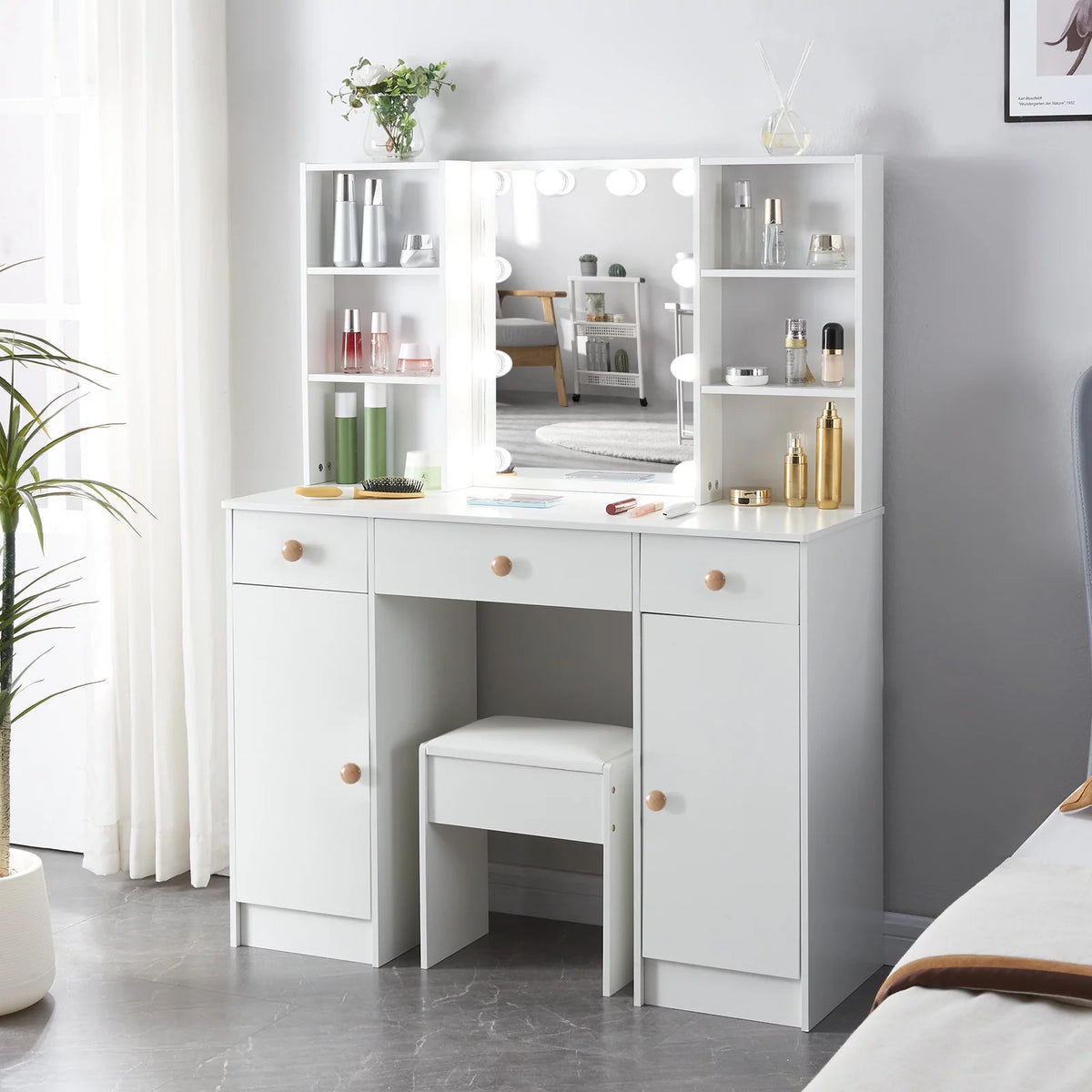 White Vanity Set with Lighted Mirror and Stool J2301