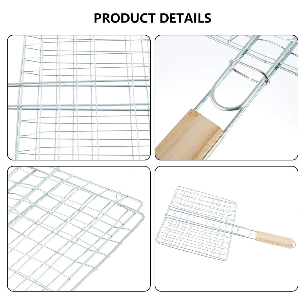 Stainless Steel Folding Barbecue Grilling Basket with Wooden Handle E128383