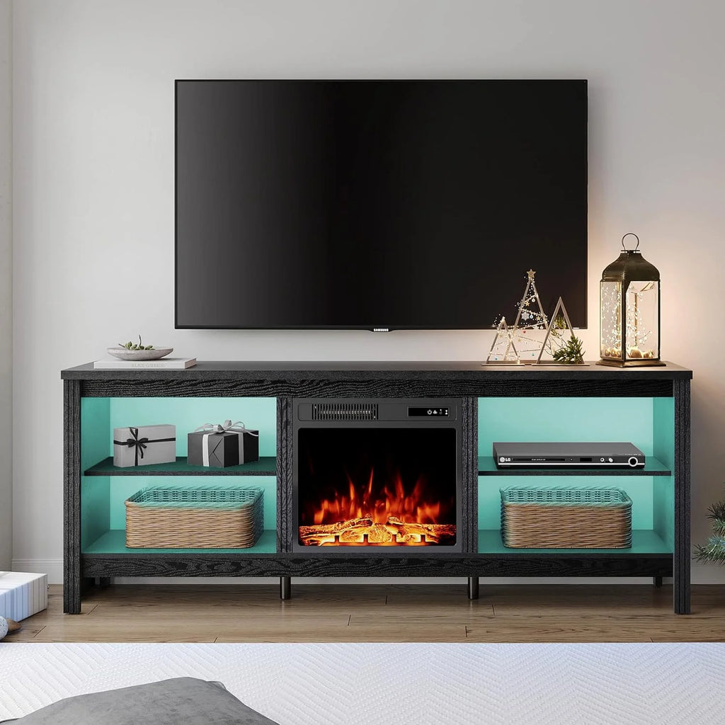 Black Wood Fireplace TV Stand with LED Lights and Storage R967