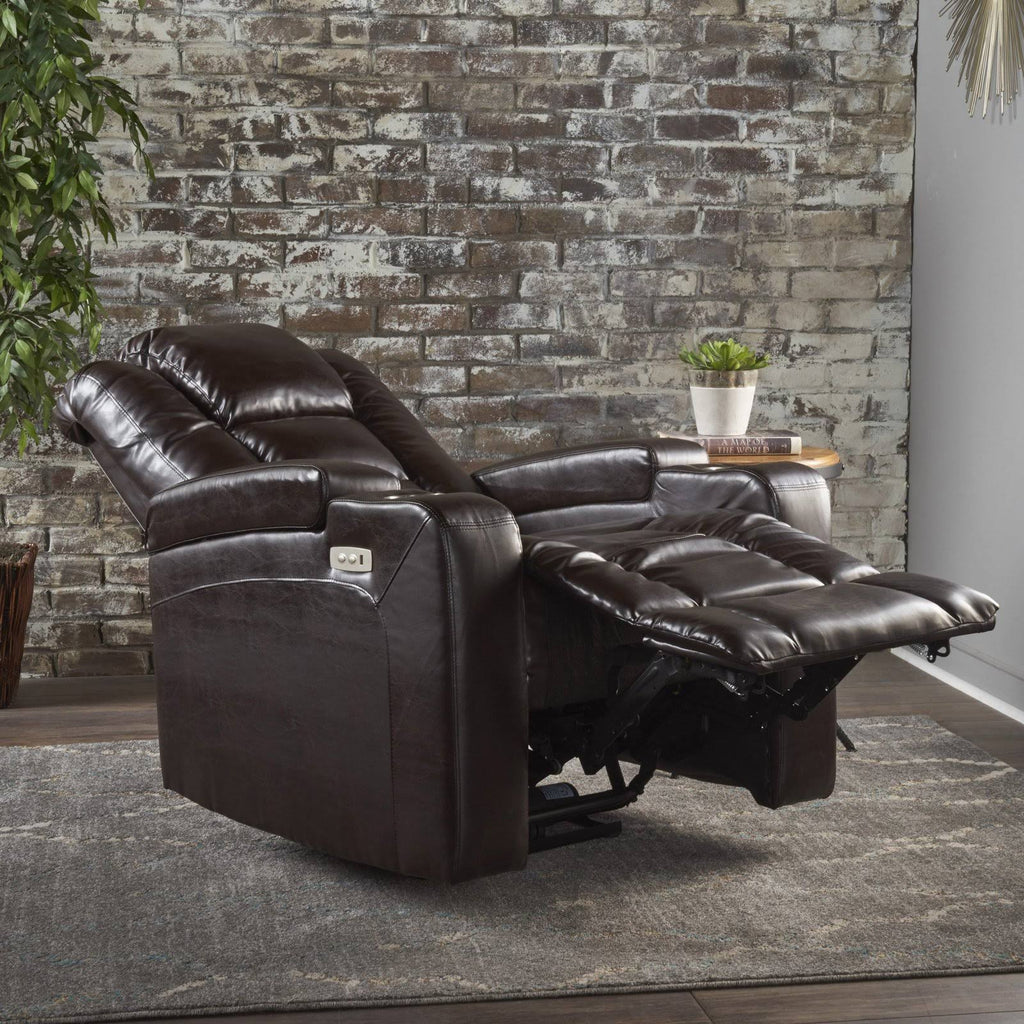 Brown Leather Power Recliner with Arm Storage and USB U2862