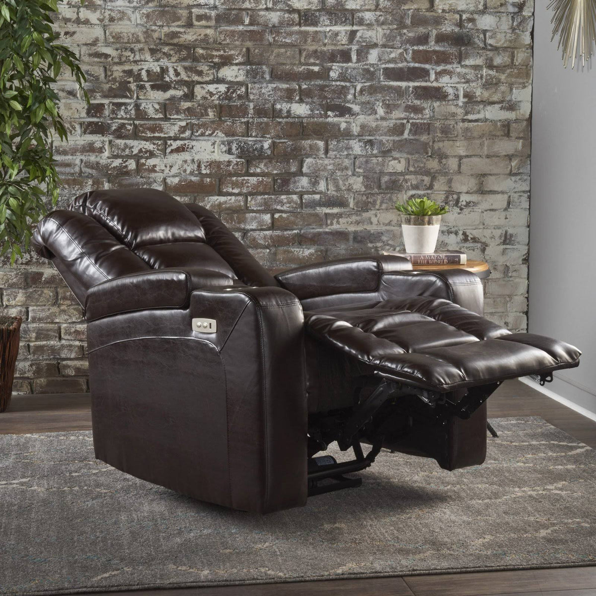 Brown Leather Power Recliner with Arm Storage and USB U2862