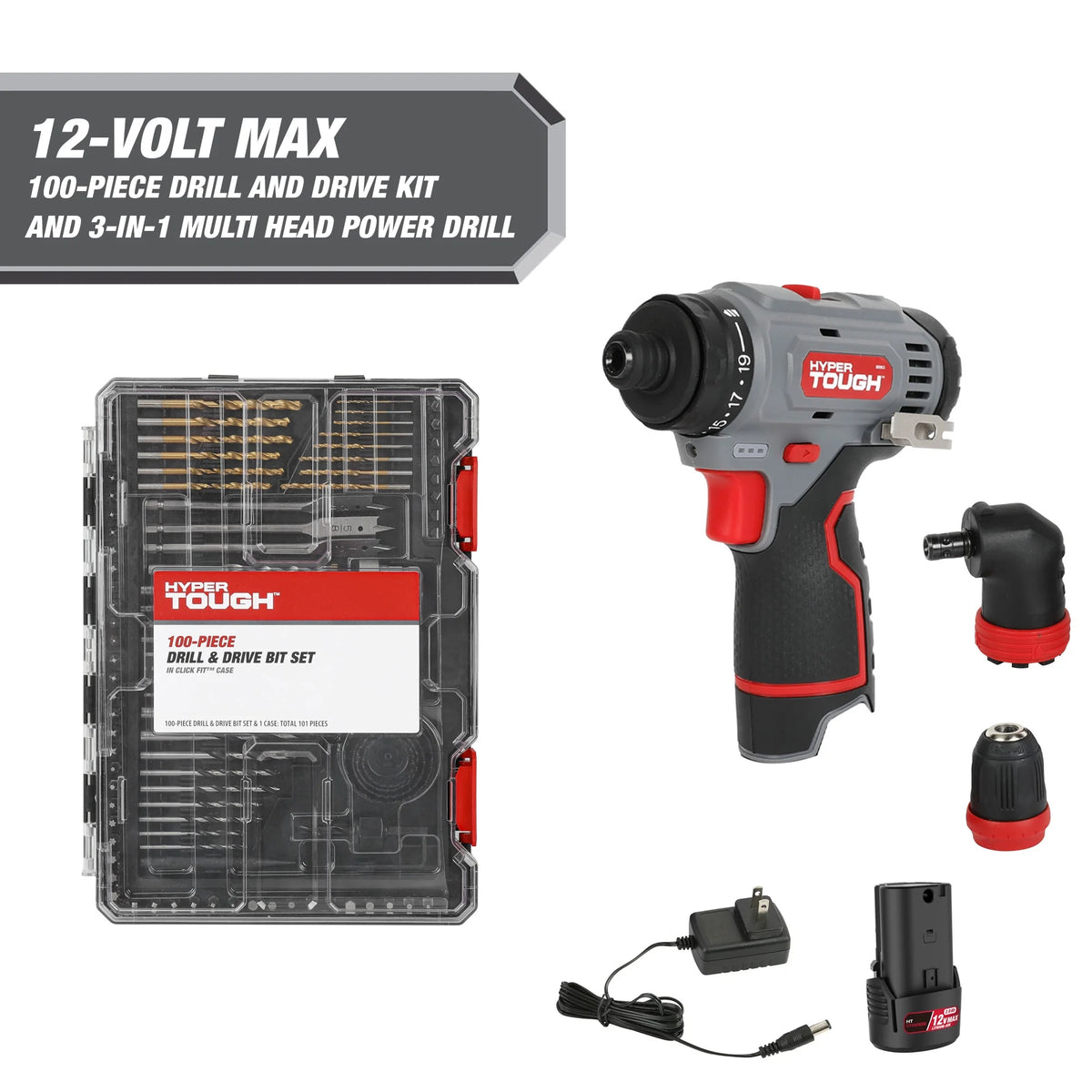 12V Max 3-in-1 Multi-Head Power Drill Set with Battery and Charger and 100-Piece Drill and Drive Tool Set A140