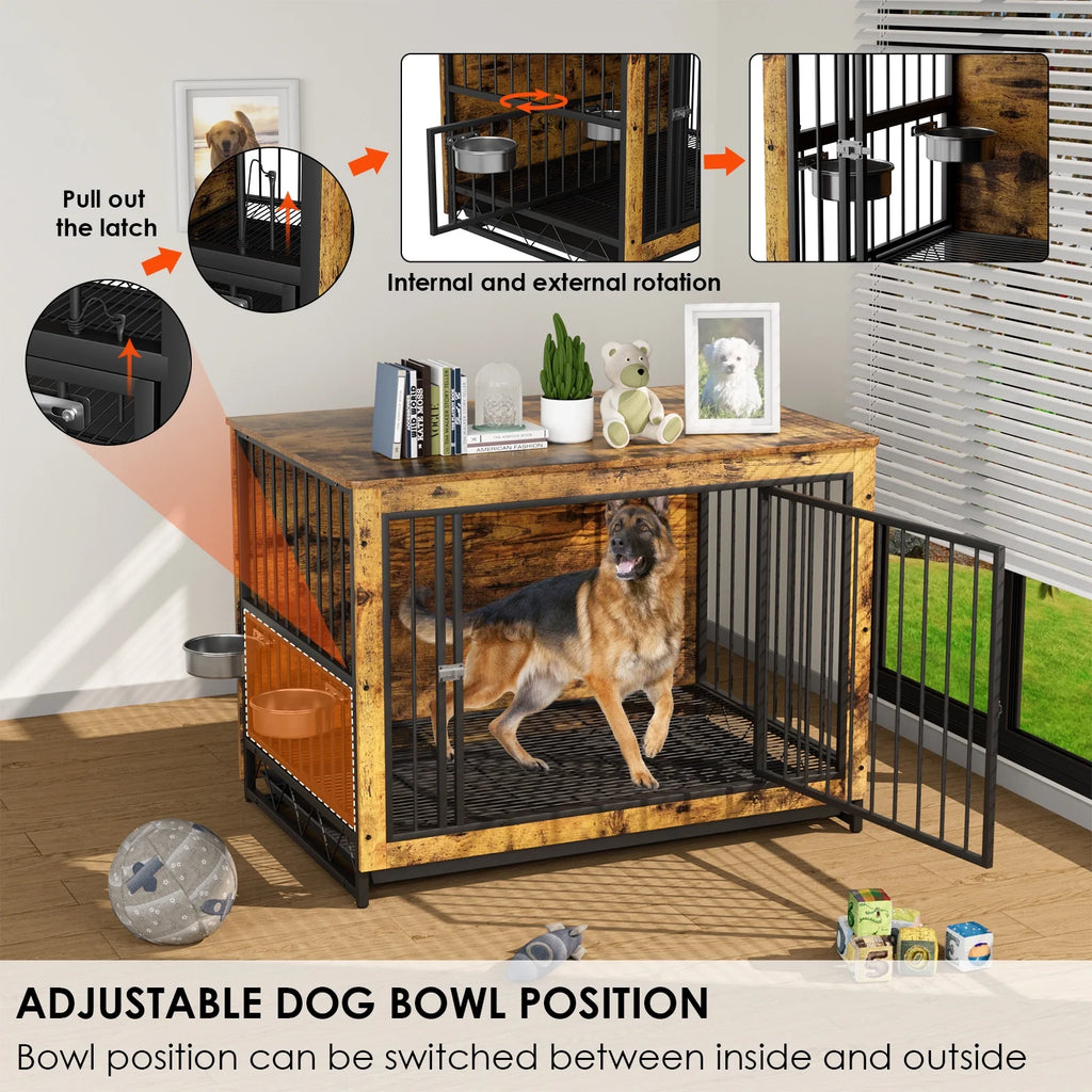 44.1'' Wooden Dog Crate with 2 Stainless Steel Bowls B4900