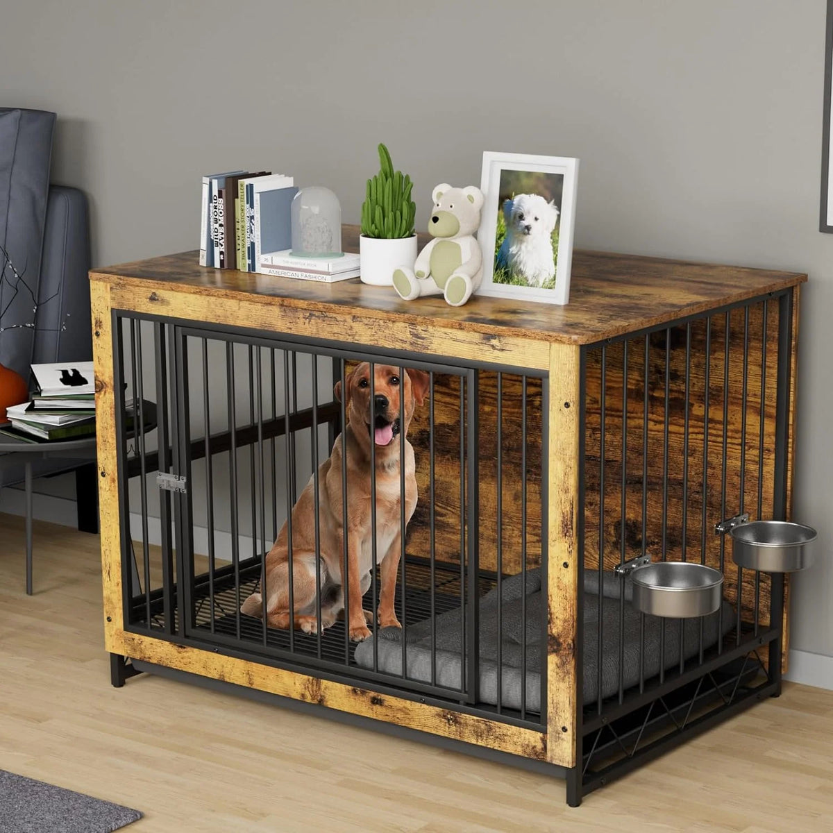 44.1'' Wooden Dog Crate with 2 Stainless Steel Bowls B4900