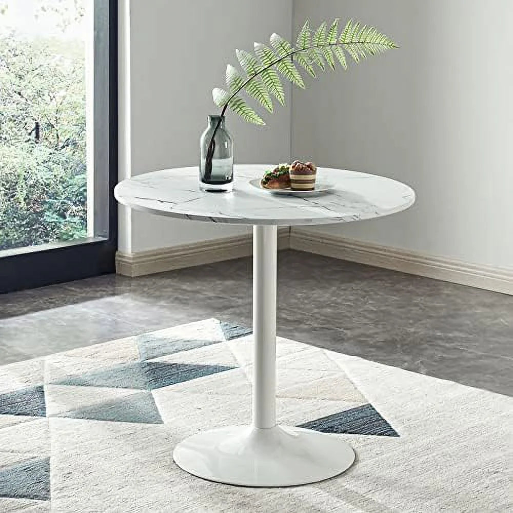 White Round Dining Table with Faux Marble Top B369236