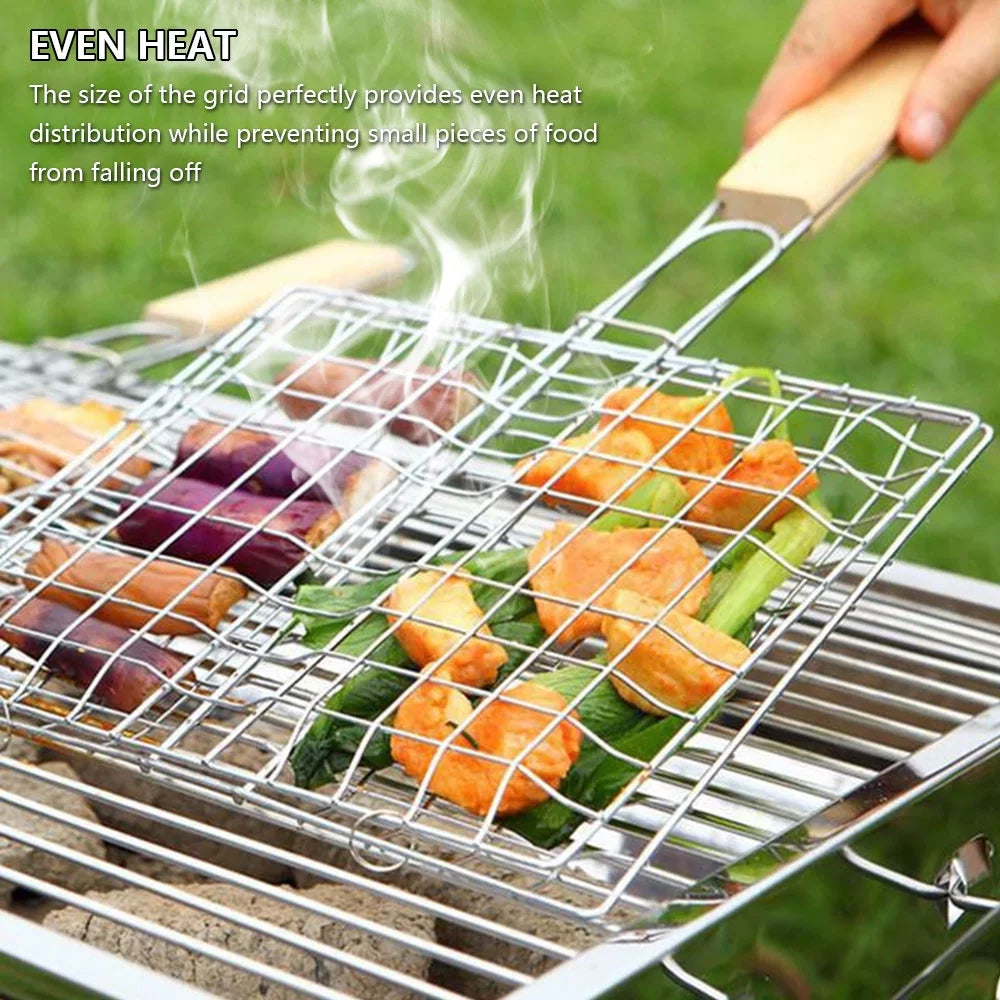 Stainless Steel Folding Barbecue Grilling Basket with Wooden Handle E128383