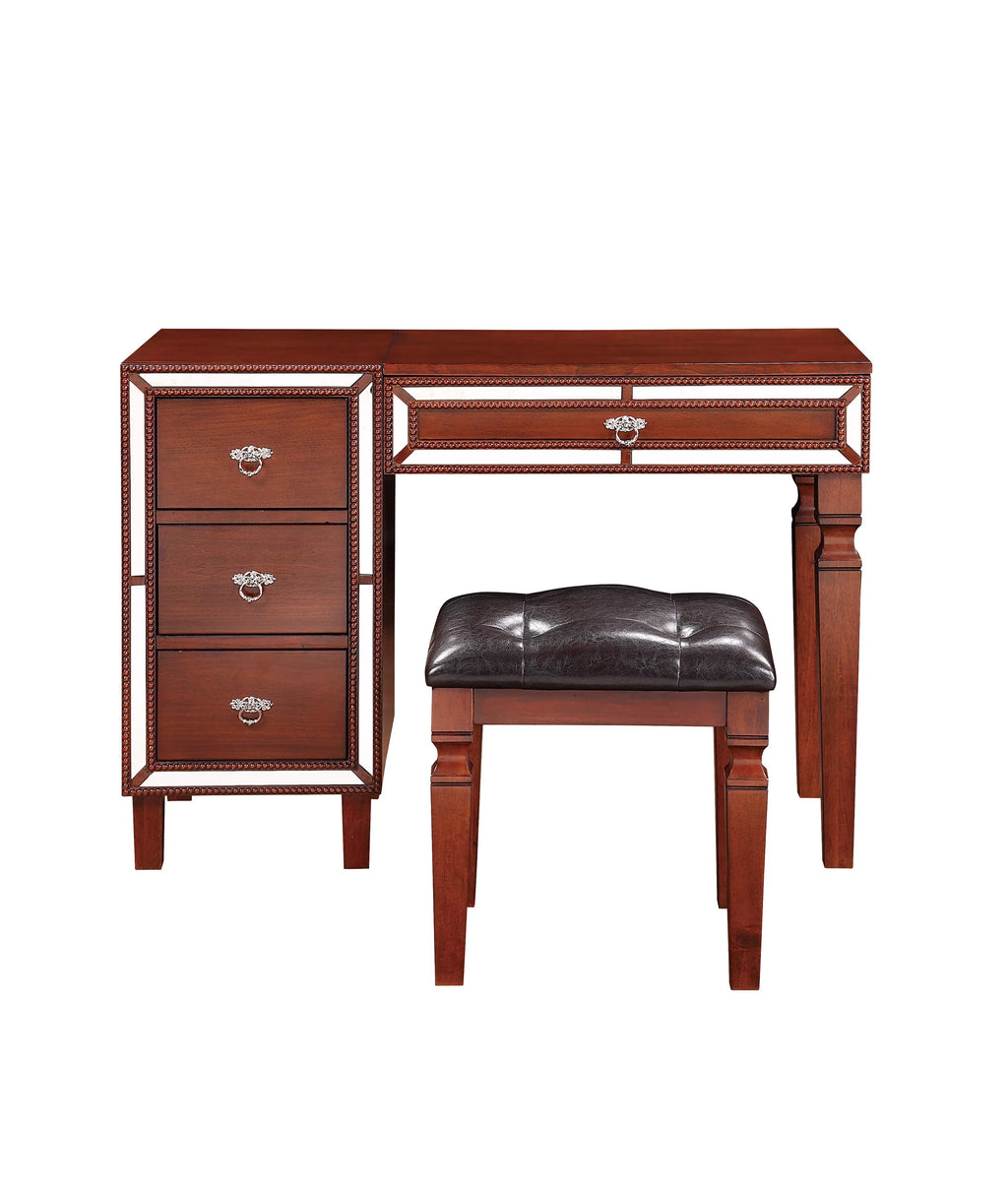 Cherry Color Vanity Set with Stool and Storage Drawers A12307