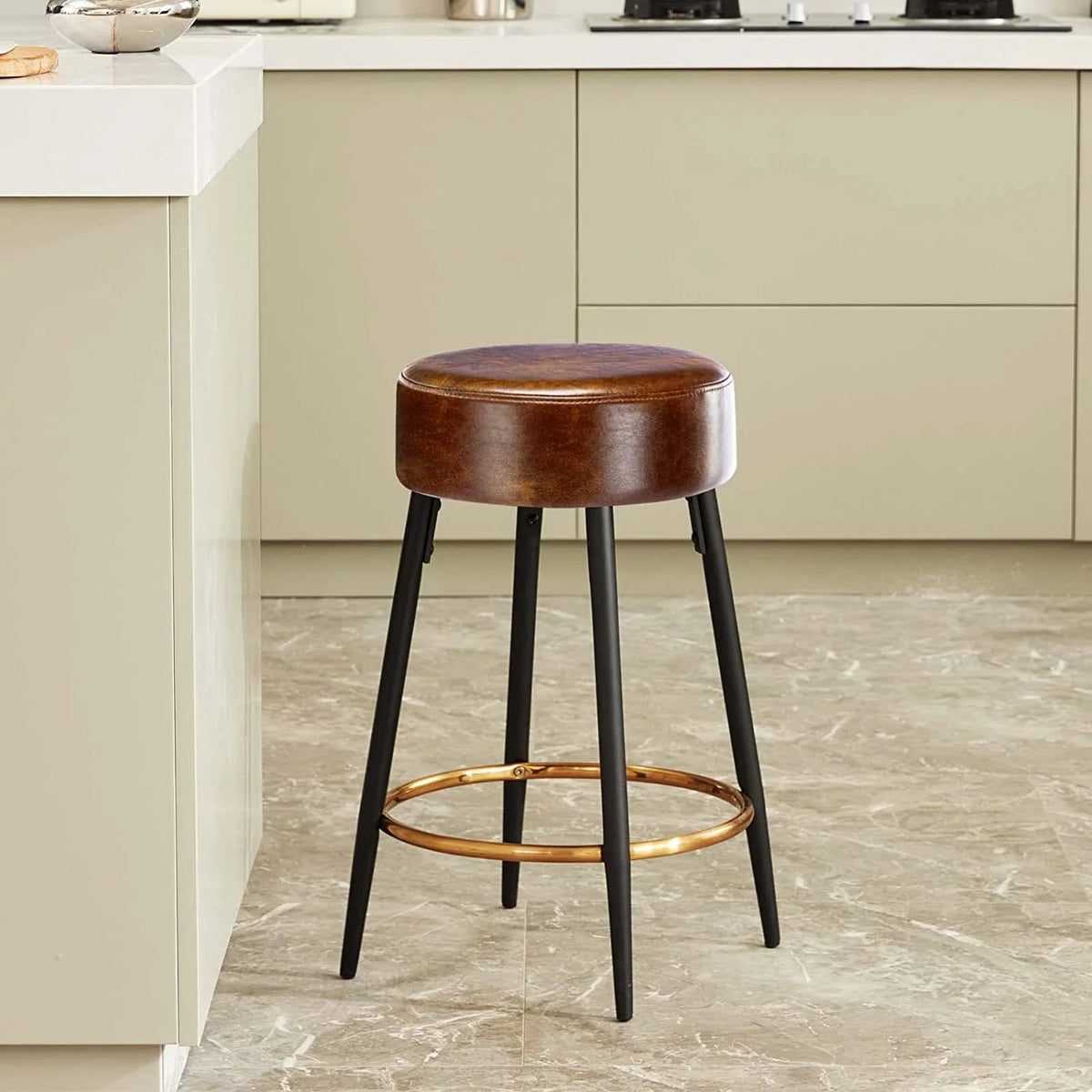 Brown Faux Leather Backless Counter Stools Set of 2 C794