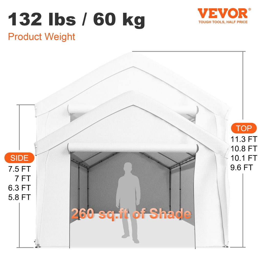White 13 x 20ft Carport Canopy with 8 Legs and Sidewalls Z9523