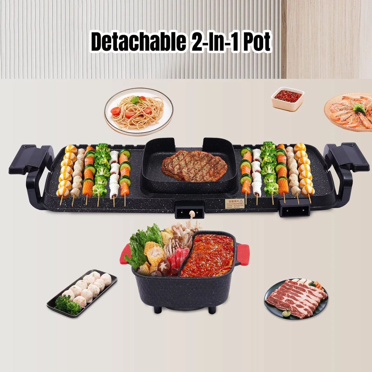 2200W 2 in 1 Detachable Electric Smokeless Grill and Hot Pot Y935956