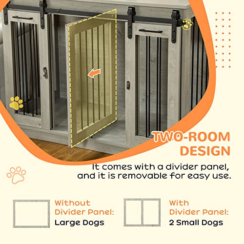 Large Dog Crate Furniture with Divider, Double Doors, 47" W x 23.5" D x 35" H, Oak Q350287