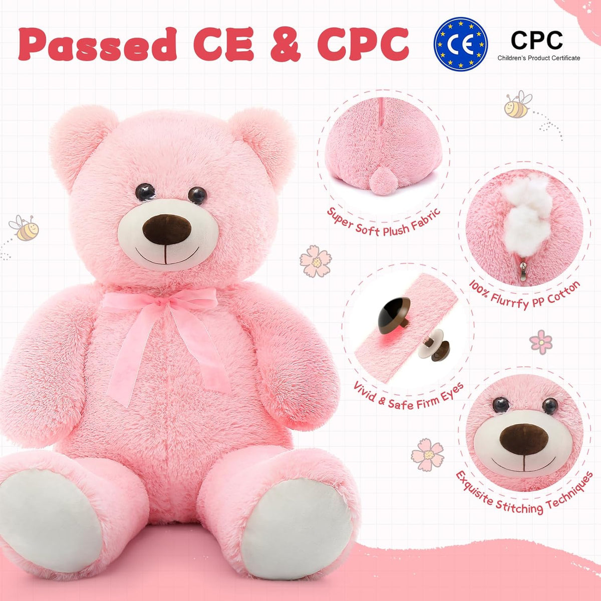 35.4'' Large Pink White Teddy Bear Plush Toy V4019