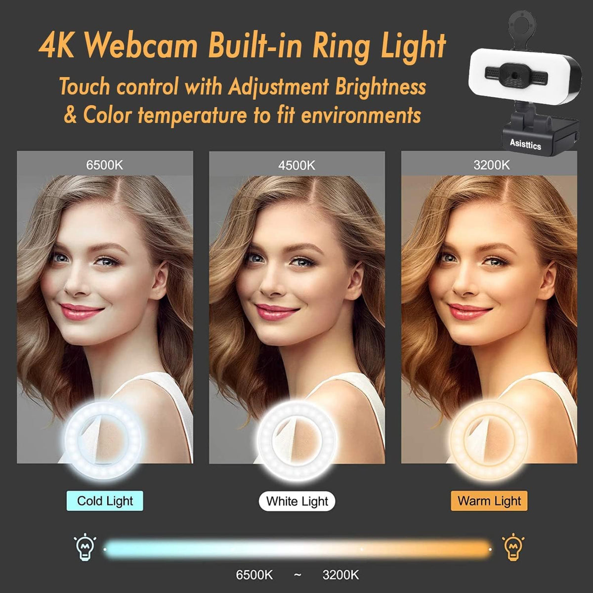 4K Webcam with Microphone and Ring Light E7918
