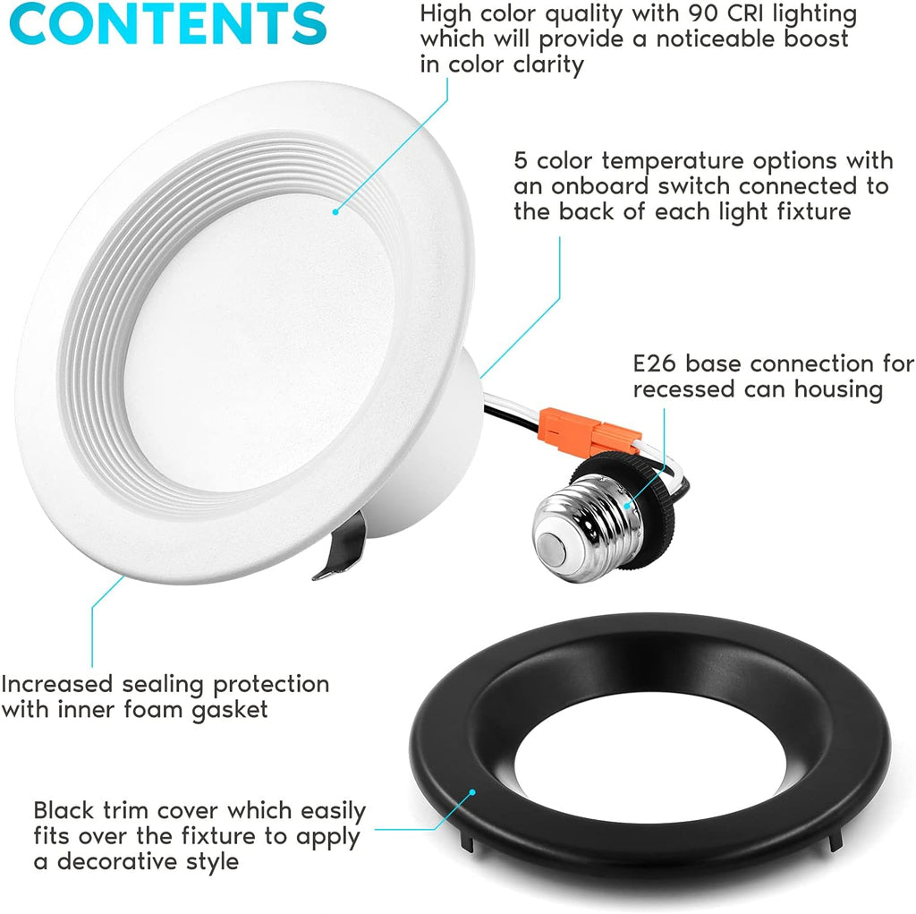 4 Inch LED Recessed Can Lights, Color Selectable Dimmable Black Trim (4 Pack) C38519