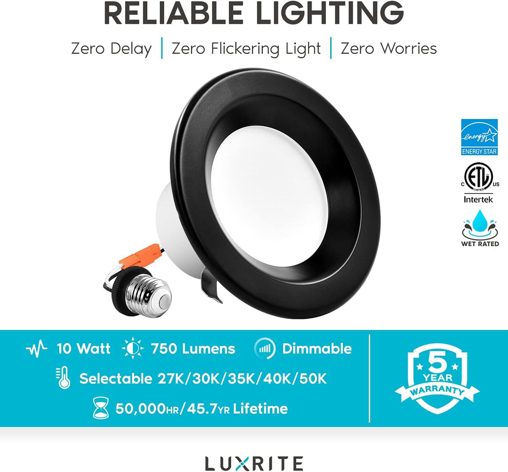 4 Inch LED Recessed Can Lights, Color Selectable Dimmable Black Trim (4 Pack) C38519