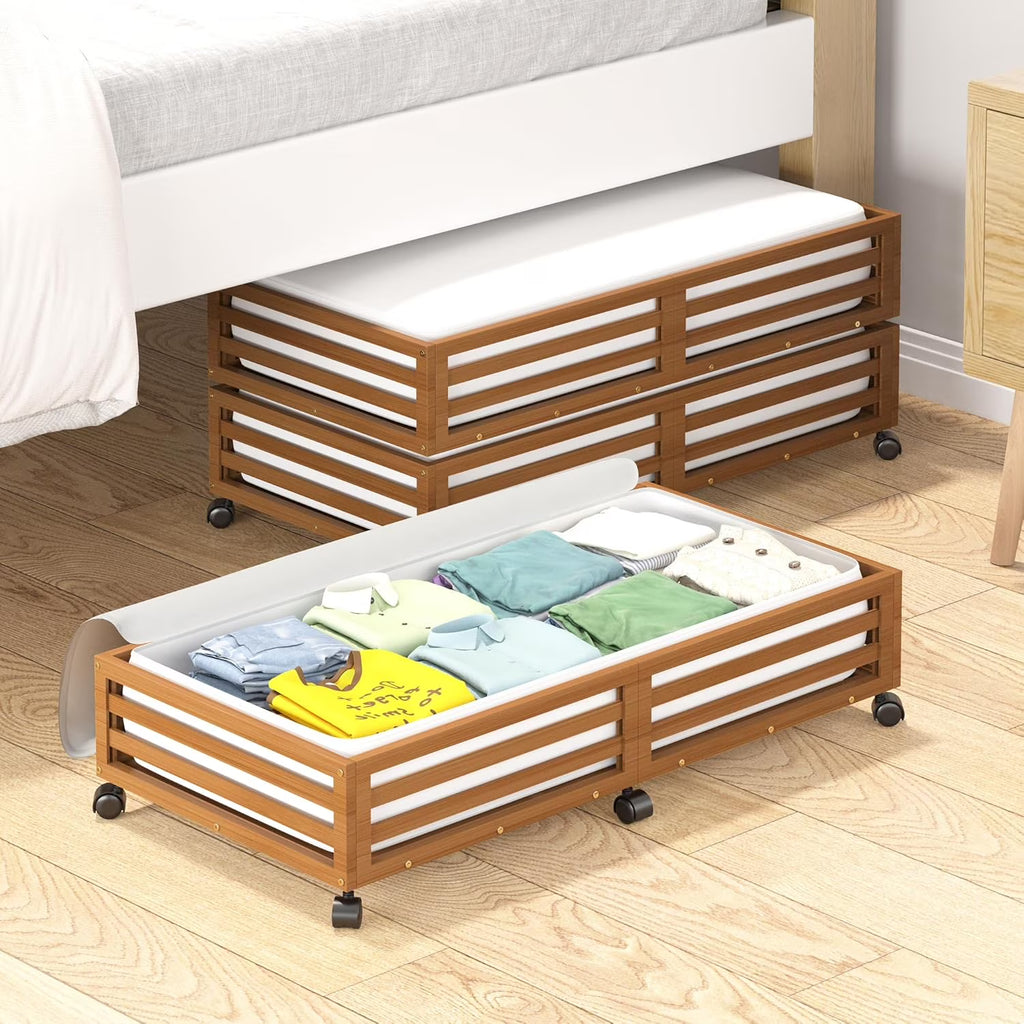 Bamboo Under Bed Storage Containers with Wheels 2 Packs K9110