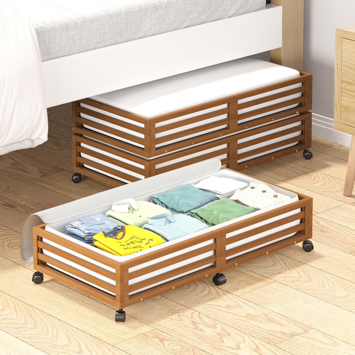 Bamboo Under Bed Storage Containers with Wheels 2 Packs K9110