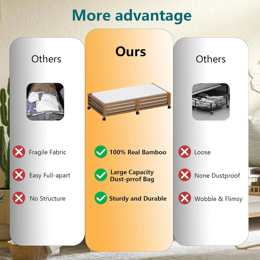 Bamboo Under Bed Storage Containers with Wheels 2 Packs K9110