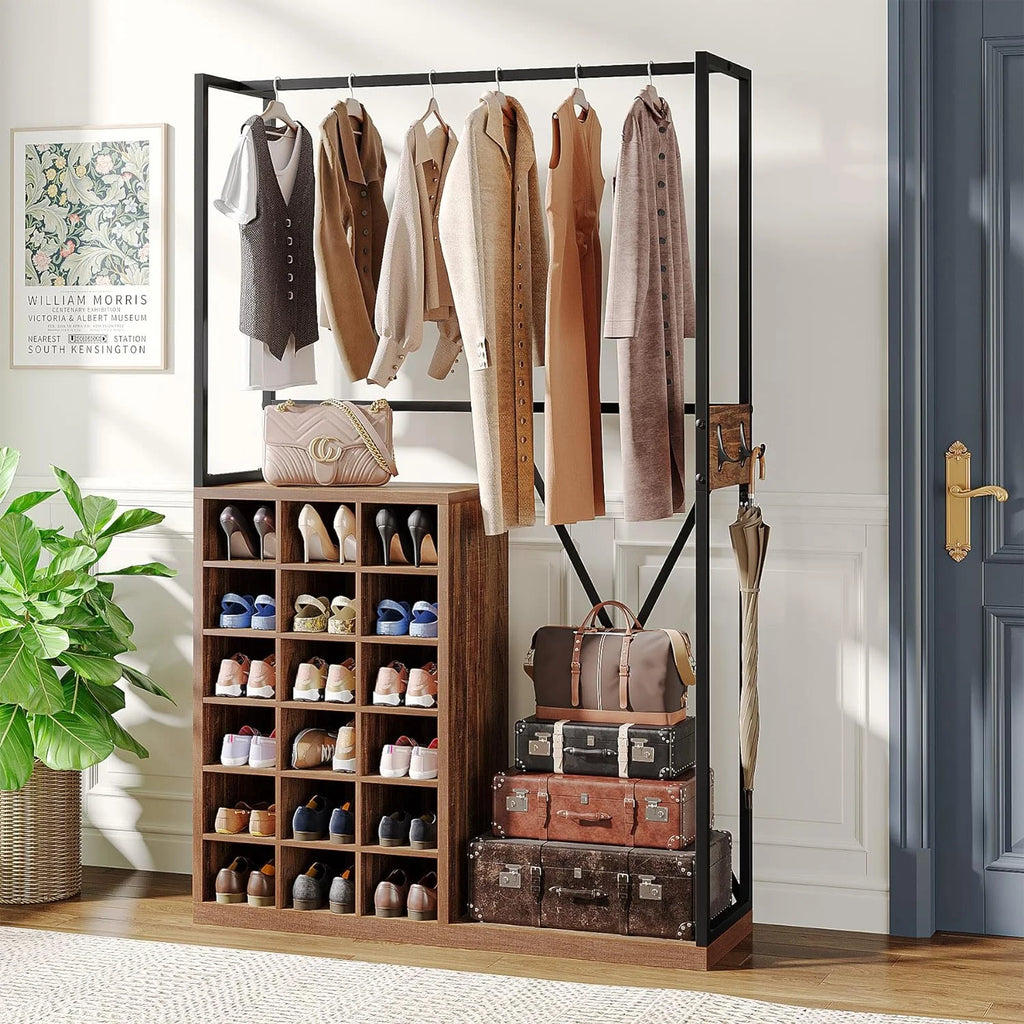 71" Brown Wood Coat Rack with 18 Shoe Cabinets T489770