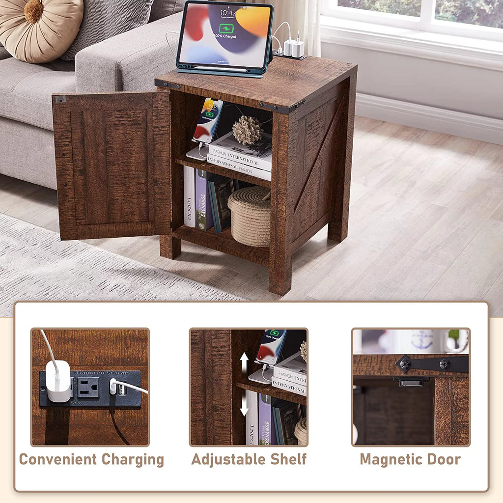 Large Wood Metal End Side Table with Charging Station V935
