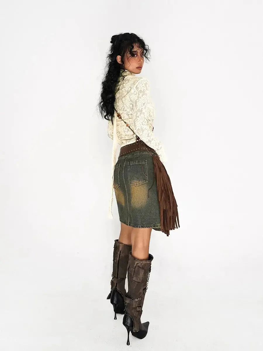 Denim Distressed Mid Thigh Skirt J8964